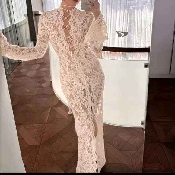 Long Sleeve Lace Maxi white sexy resort risky edgy hot dress bridal bride wife - Picture 8 of 9